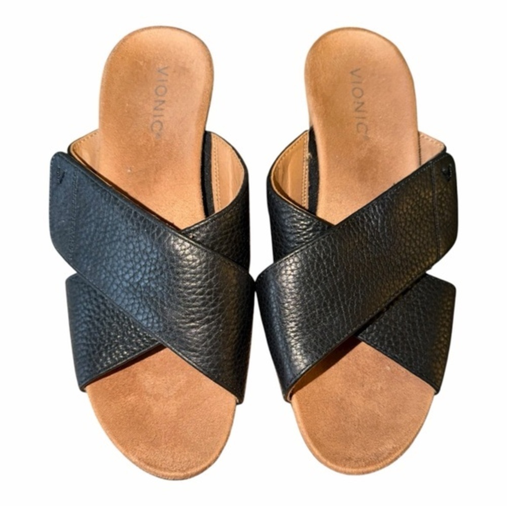 Vionic Black Leather Adjustable Cross-Strap Cork Heel Sandals with TanFootbed
